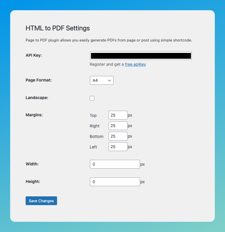 html2pdf plugin settings
